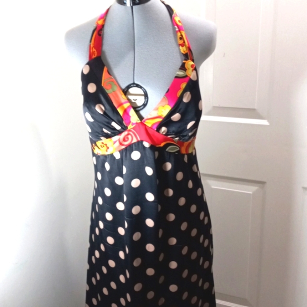 OC OC Womens  Sz 12 Black W/80sFloral Halter Dress Midi 100% Silk,